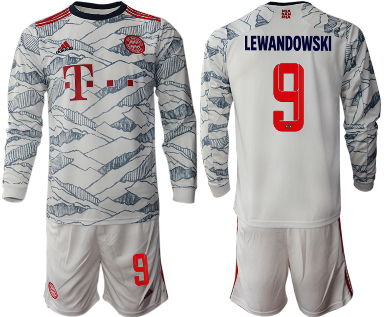 Men 2021-2022 Club Bayern Munich Second away white Long Sleeve #9 Soccer Jersey->customized soccer jersey->Custom Jersey
